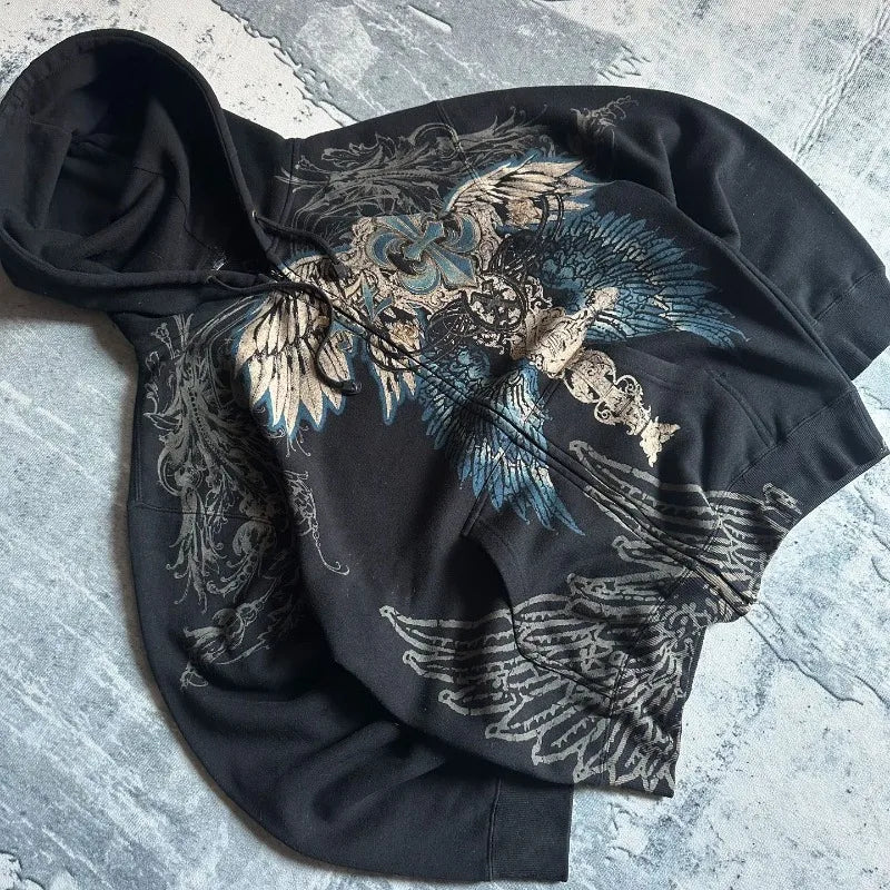 Vintage Angelic Graphic Zip-Up Hoodie